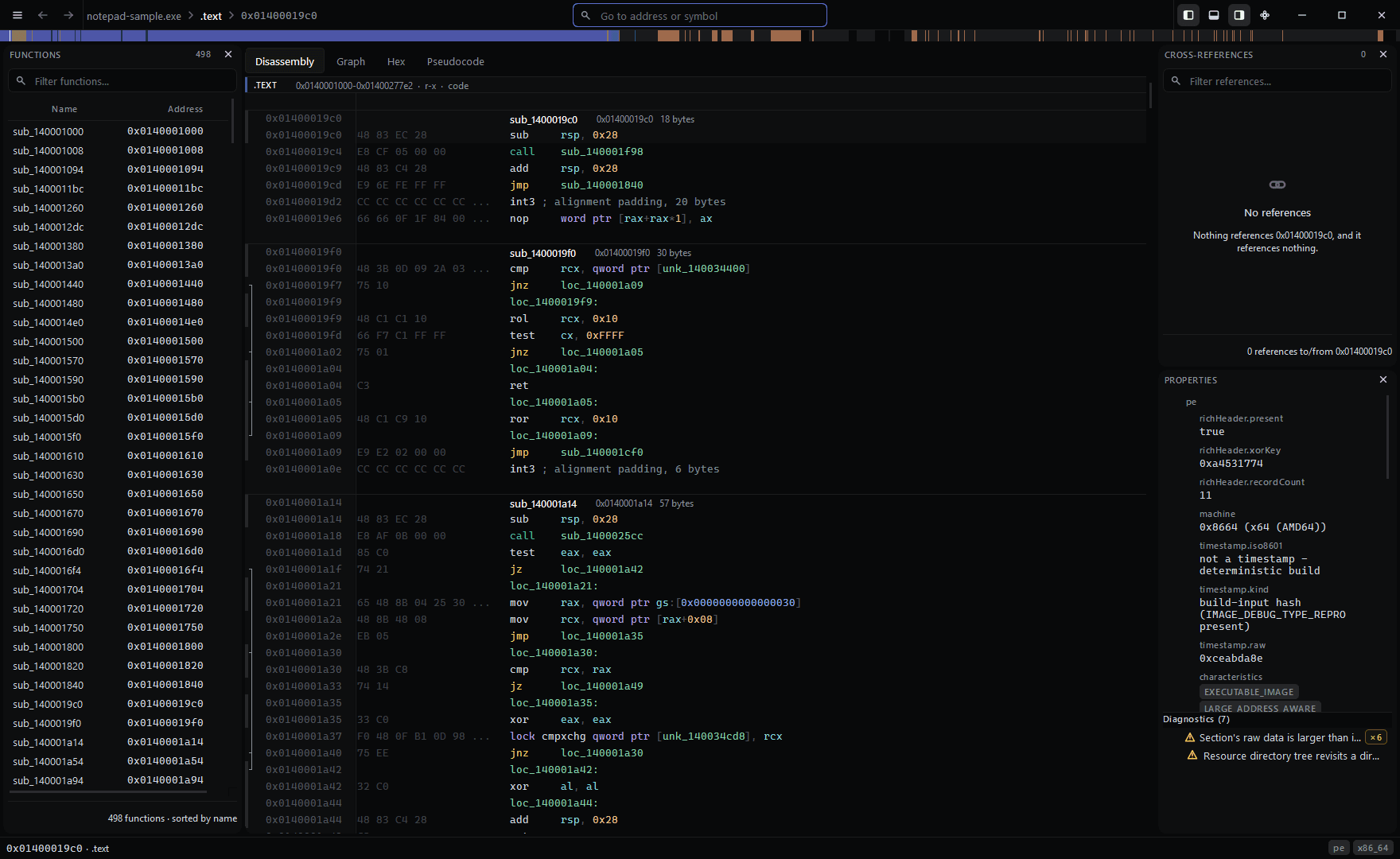 The Klarion window: a function list on the left, a disassembly listing in the centre showing decoded x86-64 with byte columns and cross-references and executable properties on the right.