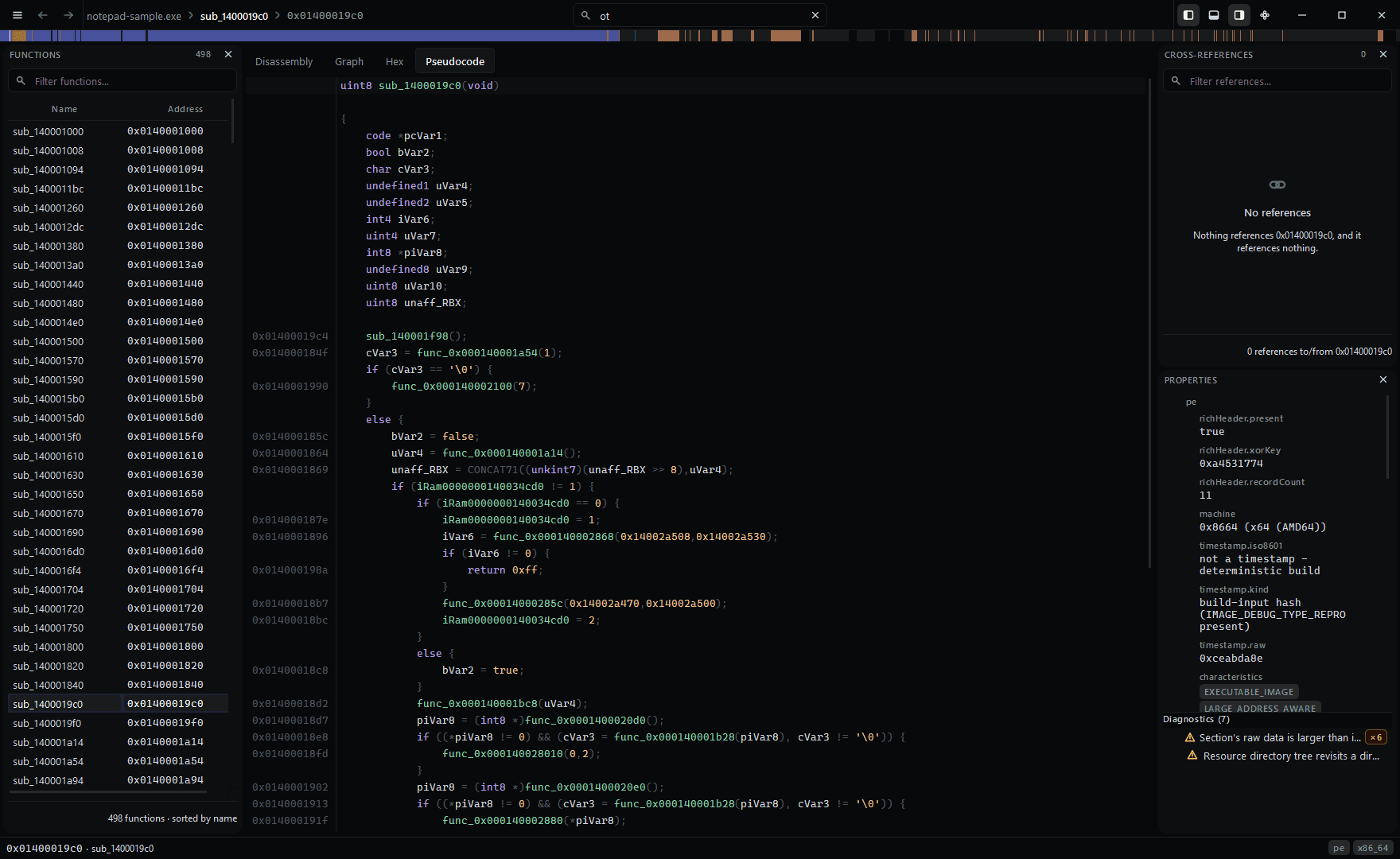 The pseudocode view: decompiled C with a gutter of the original instruction addresses beside each line.