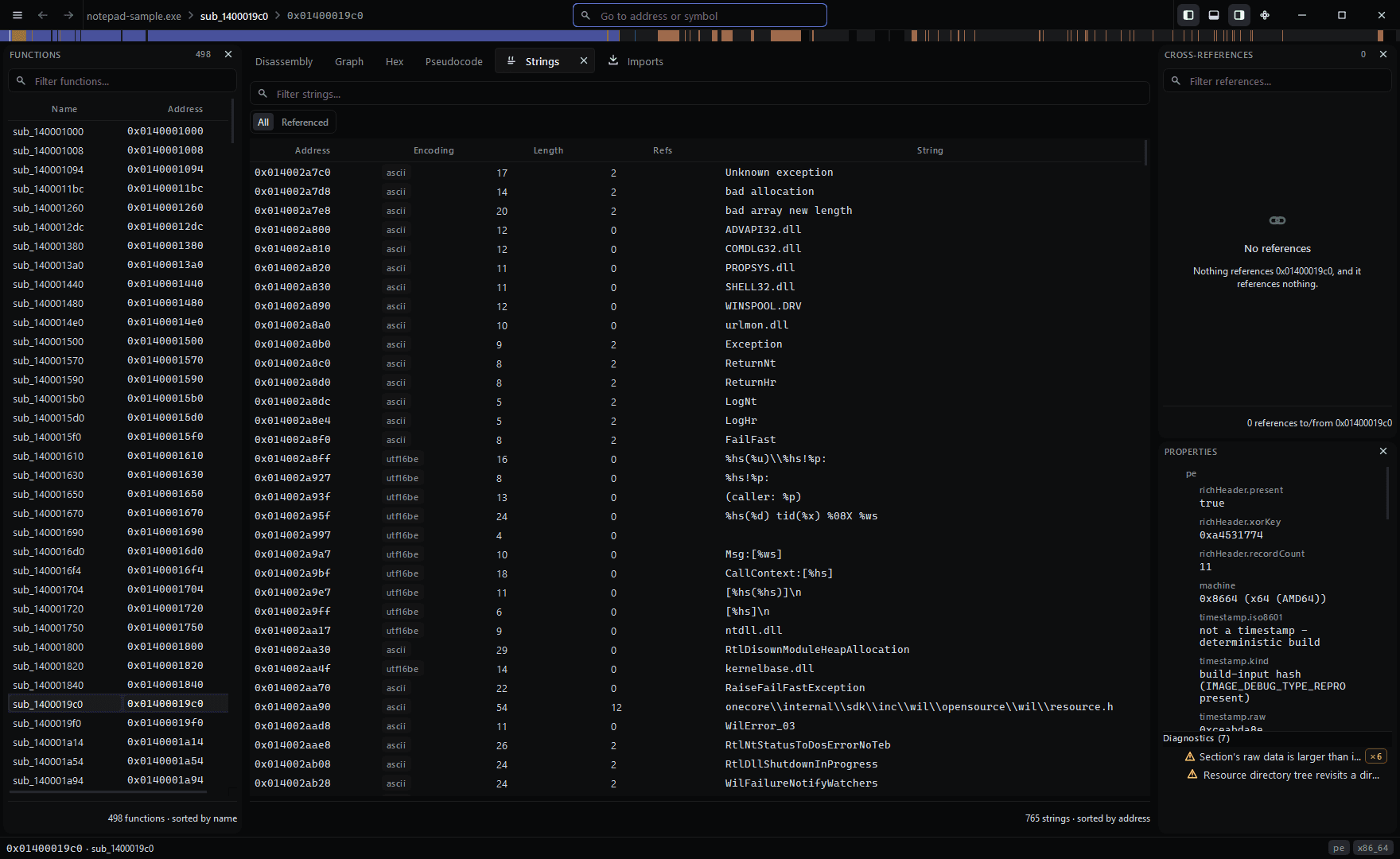 The strings view: a table of recovered strings with address, encoding, length and reference count.